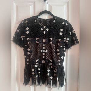 BCBGMaxAzria Black and White Geometric Pattern Lace Top